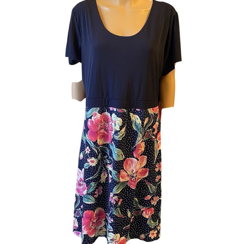 Bella Flore Navy Blue Floral Midi Shift Dress Sz 2X Liquid Knit Career Church